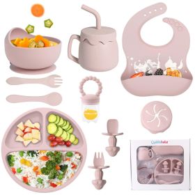 Silicone Baby Feeding Set With Suction, 10 Pcs Baby Led Weaning Supplies With Suction Bowl Divided Plate Adjustable Soft Bib Spoon Fork Snack Cup (Option: Baby Feeding Set Pink)